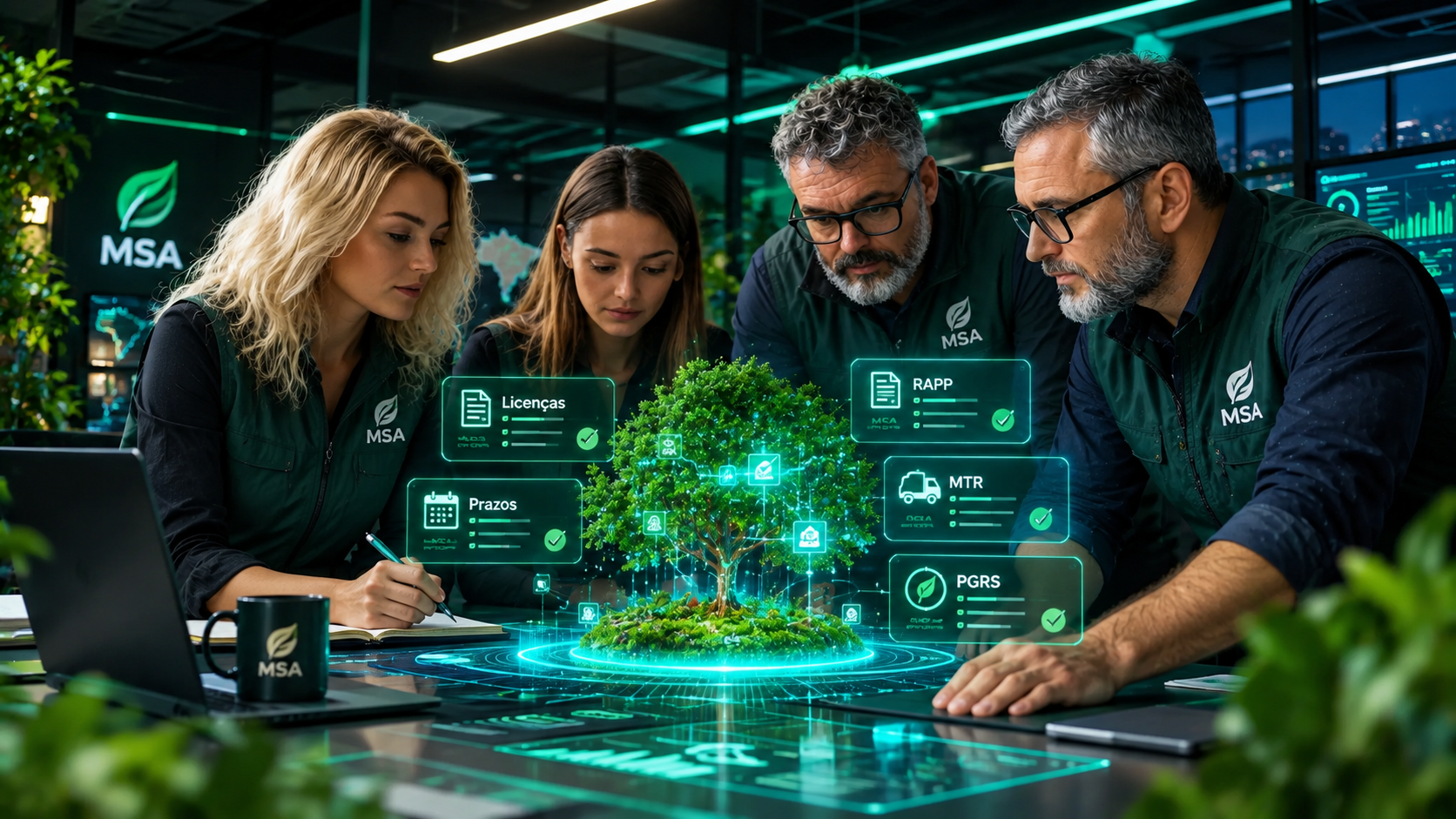 Equipe MSA Ambiental analisando licenças, prazos, RAPP, MTR, PGRS e autorizações em painel de gestão